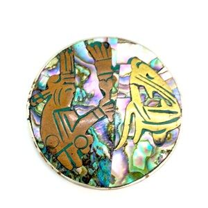 VINTAGE MEXICO STERLING SILVER ABALONE INLAY BROOCH PIN PENDANT ROUND CIRCLE